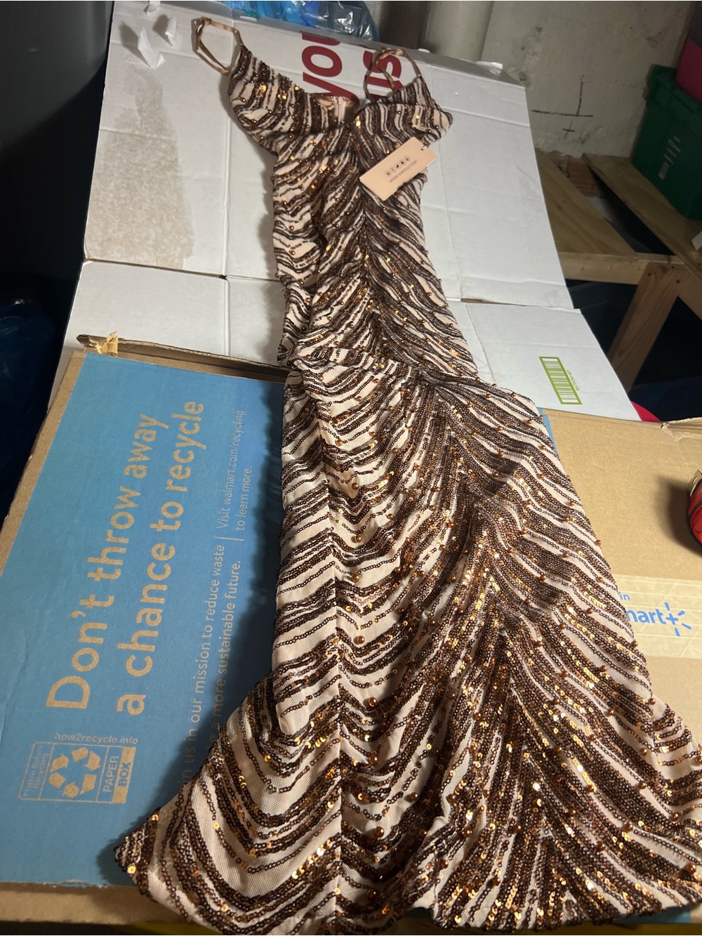 Sequin Strappy Maxi Dress in Rose Gold and Brown